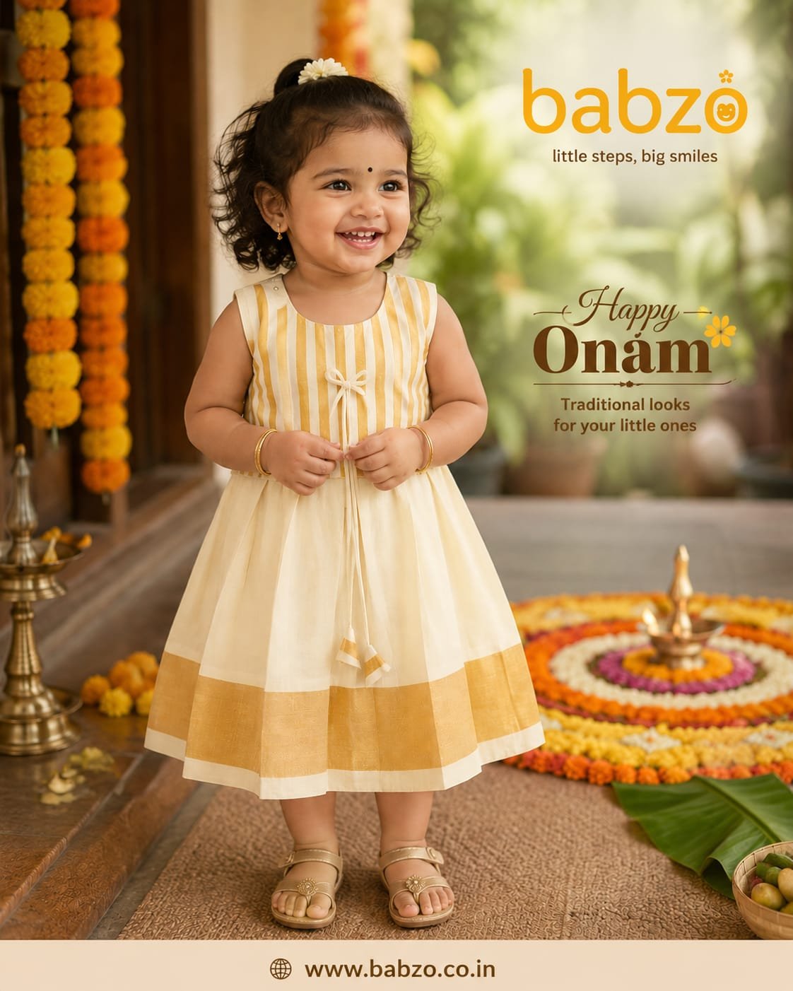 Babzo Onam Special Kasavu Skirt & Top Set for Baby Girls - Image 2