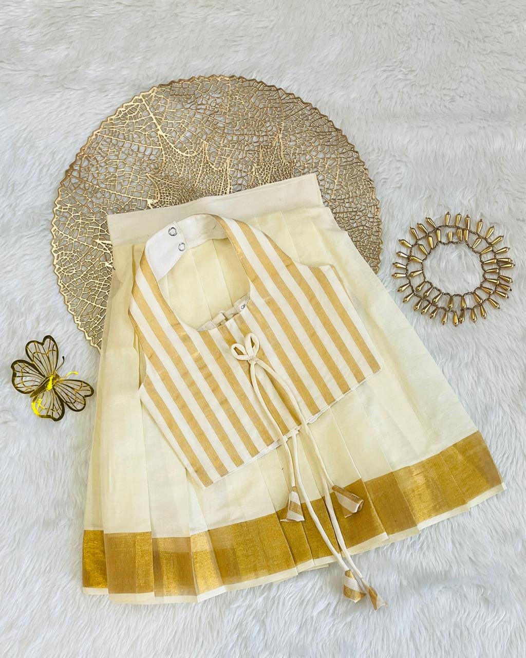 Babzo Onam Special Kasavu Skirt & Top Set for Baby Girls